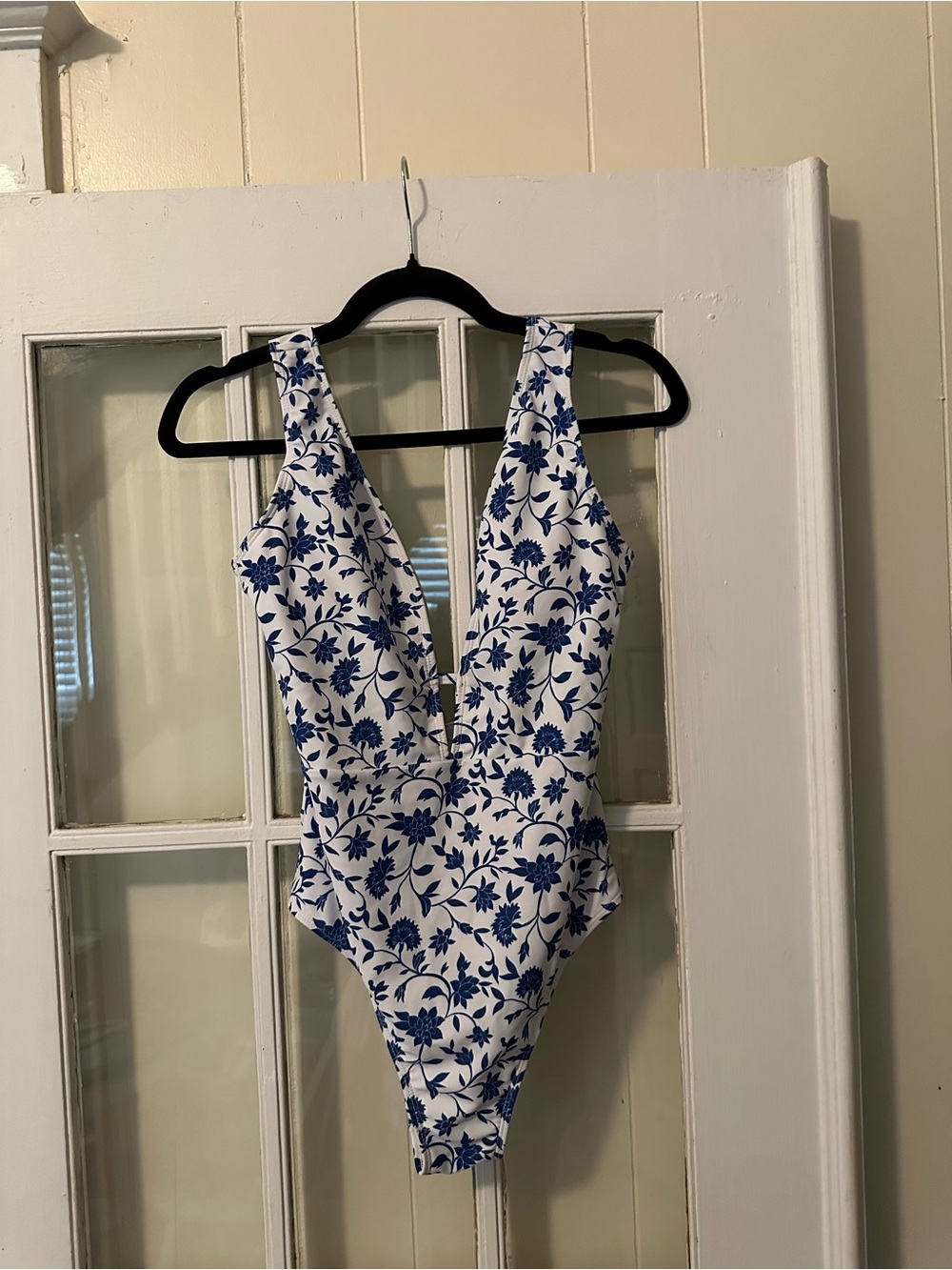 Blue and white floral one piece swimsuit